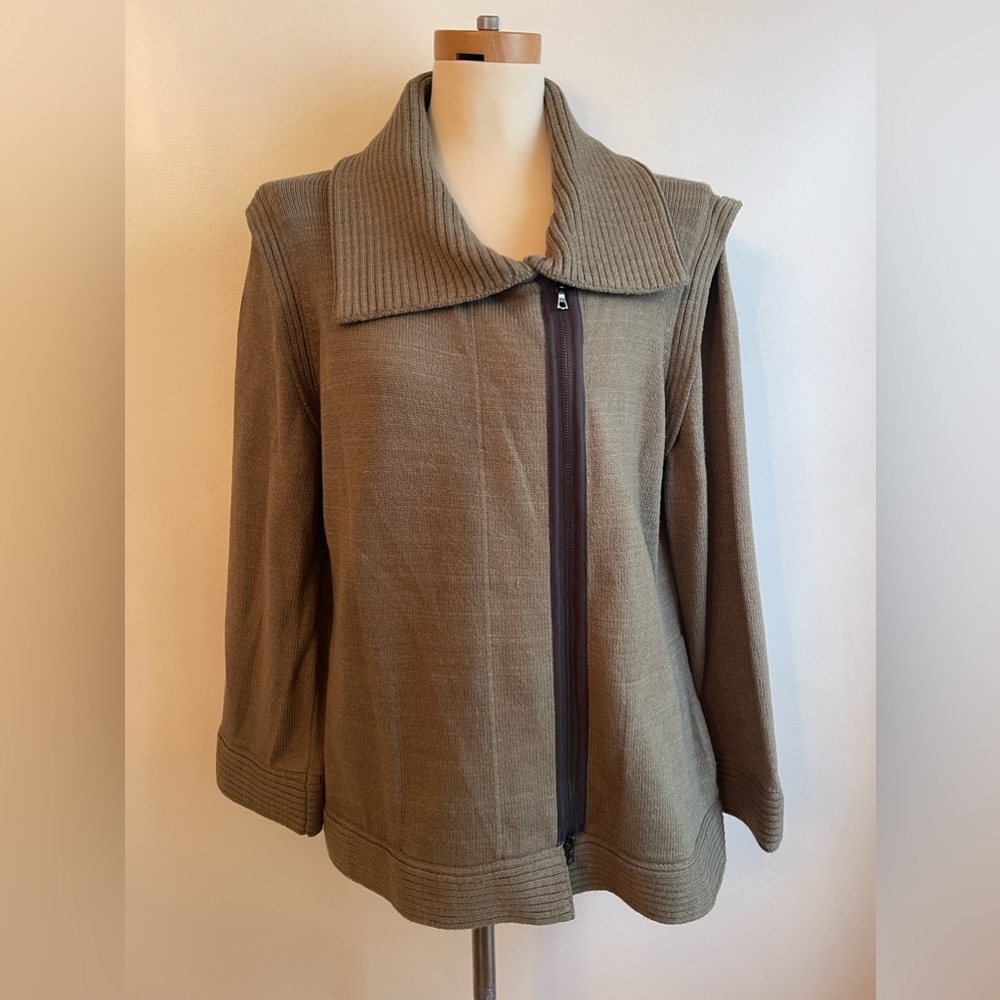 Barbara Wells Studio Pittsburgh Green Brown Zip Knit Cardigan Collar Pockets XL